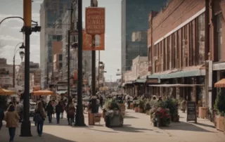 a bustling kansas city street with small businesses and digital ads on display.