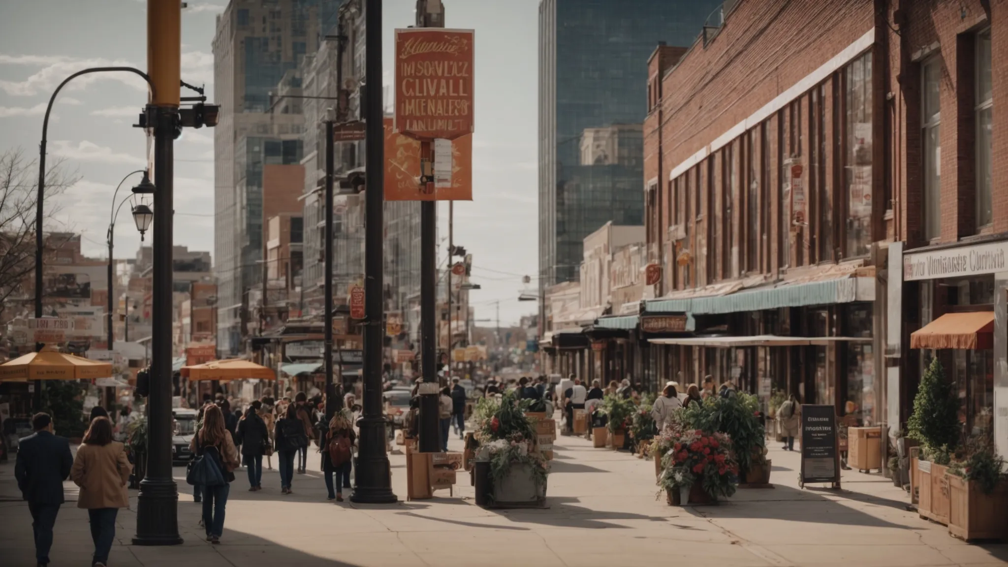 a bustling kansas city street with small businesses and digital ads on display.