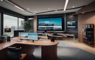 a sleek, modern office with a large computer screen displaying a vibrant, professionally designed website.