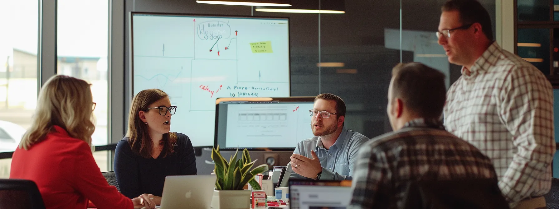 a group of professionals working together in an office, brainstorming ideas for web design services in kansas city.