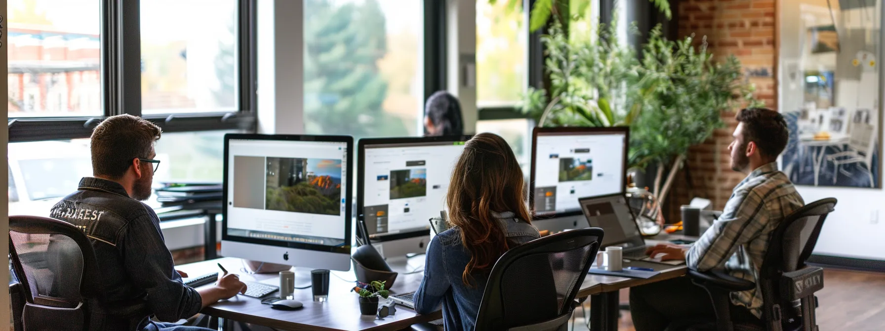 a group of web designers collaborating on a sleek and modern website design at the vibrant office of social: managed in kansas city.