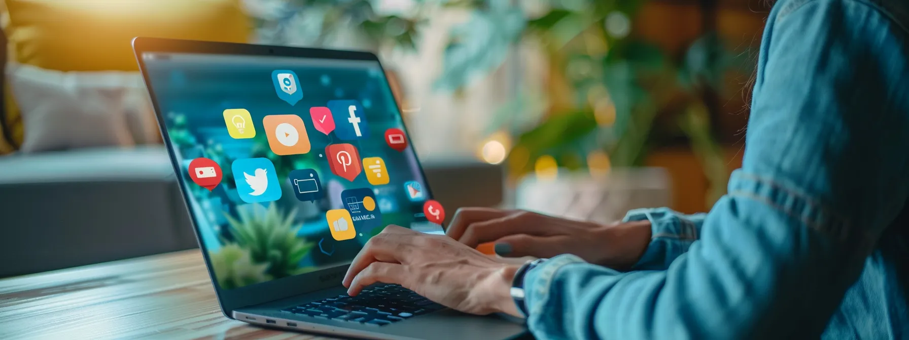 a person strategizing social media posts on a laptop with various social media platforms on the screen.