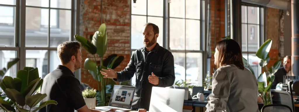 a team of web designers discussing strategies and creating custom website designs in the bustling city of kansas city.