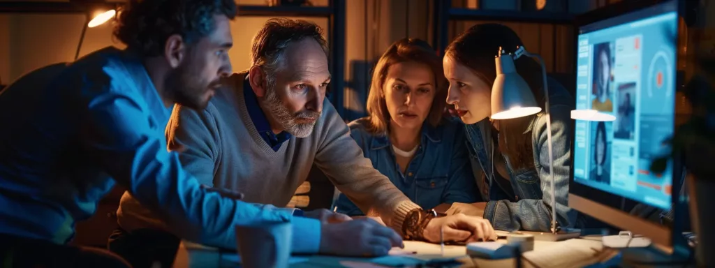 a team huddled around a computer screen, analyzing social media analytics and discussing strategic refinements for their campaign.