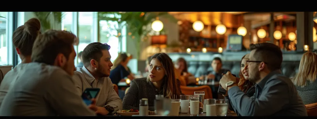 a group of people meeting at a trendy kansas city restaurant, discussing influencer collaborations and strategy on their smartphones.