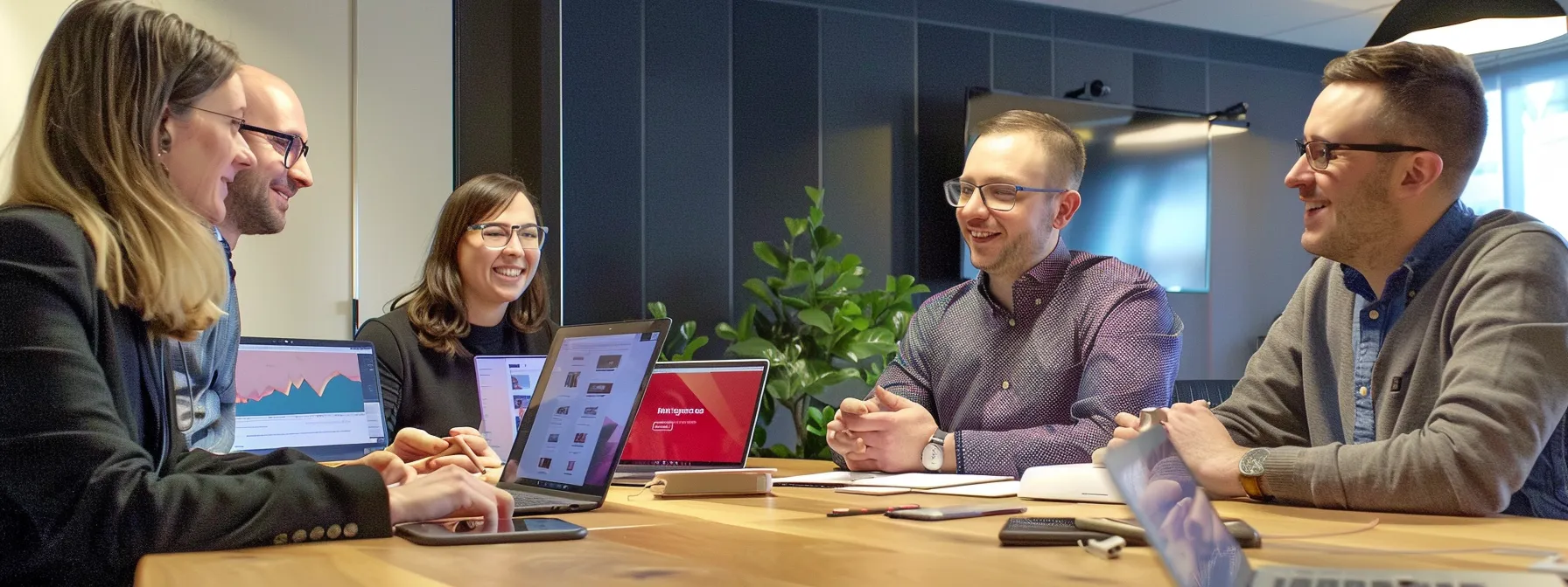 a team of website designers sitting around a table discussing project details.