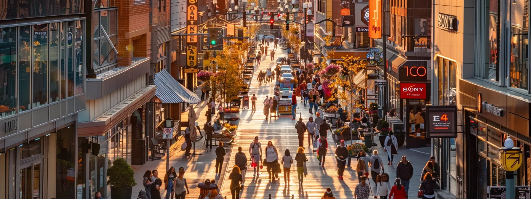 a bustling street in kansas city with vibrant businesses competing for attention and utilizing local seo strategies.