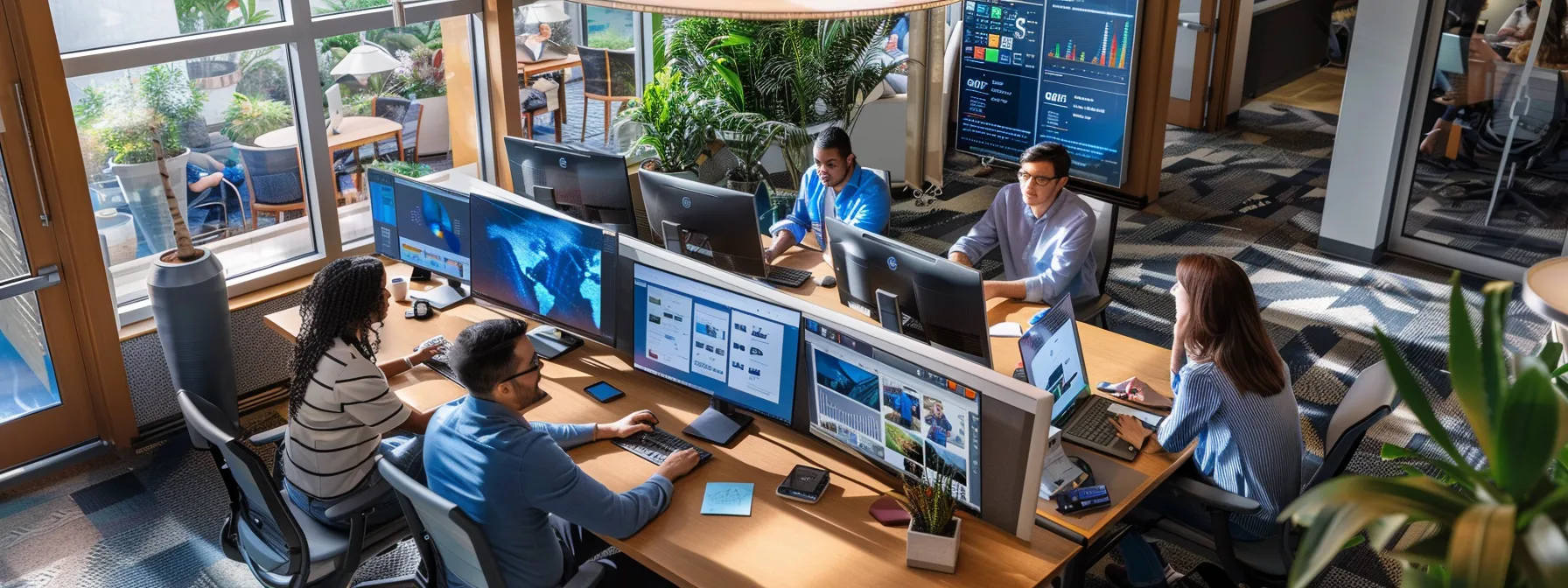 a busy office with employees working together on computers, discussing digital marketing strategies and analyzing data.