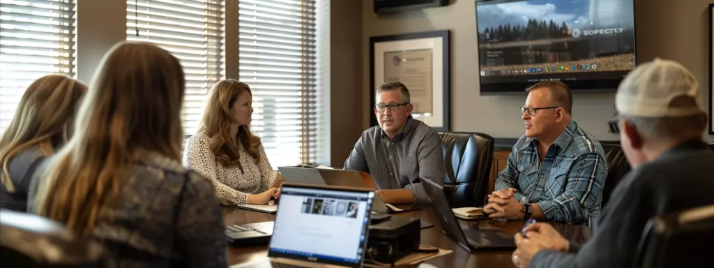 a group of digital marketing experts in a meeting discussing strategies to boost online visibility for kansas city businesses.