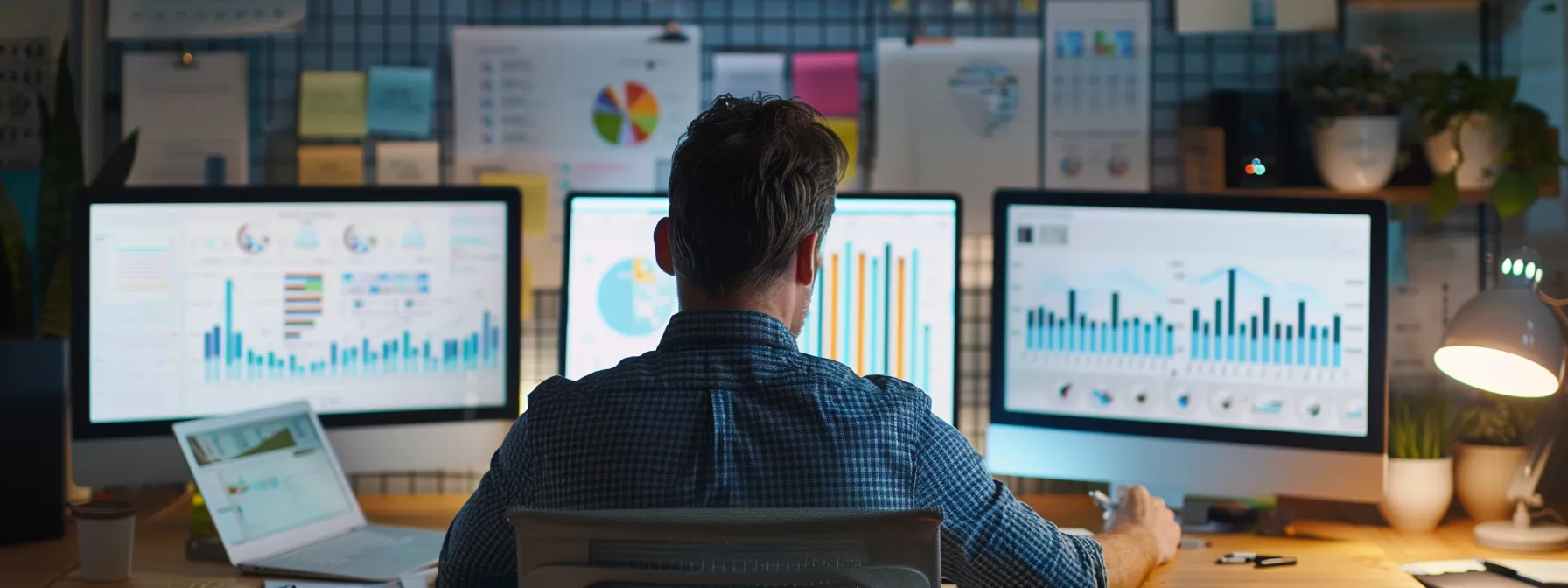 a website designer working on a custom wordpress design in an office, surrounded by computer screens displaying website analytics and user engagement data.